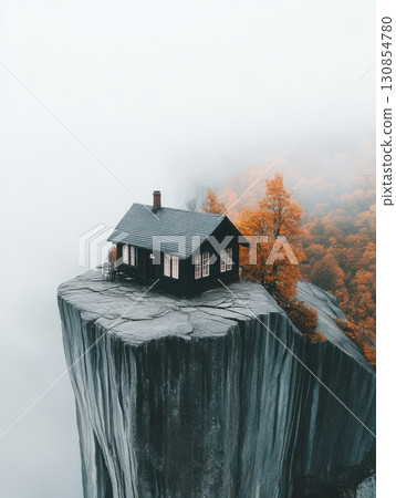 Secluded Black Cabin on Cliff Autumn Foggy Landscape sky rock view dark hill wood mist fall home 130854780