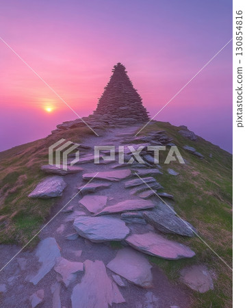 Majestic Mountain Sunset Landscape Serene Purple Sky Stone Path view calm hill peak rays rocks trail 130854816