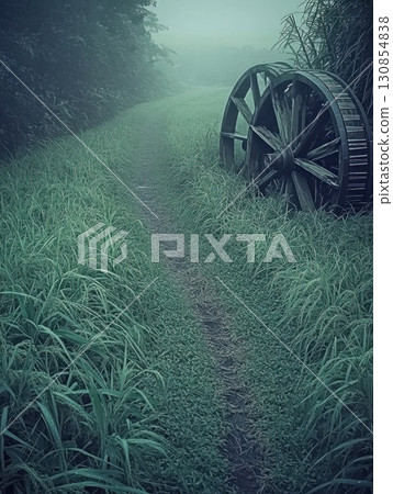Misty Morning Path Old Wooden Wheels Green Field Nature Scenery Tranquil Rural Landscape fog calm Misty Morning Path Old Wooden Wheels Green Field Nature Scenery Tranquil Rural Landscape fog calm 130854838