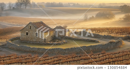 Stone Farmhouse Vineyard Autumn Sunrise Rural Landscape Scenery Golden Hour fog sky mist fall wine 130854884