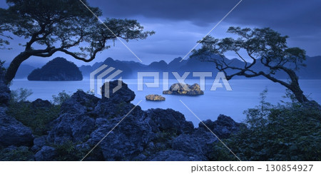 Serene Twilight Landscape Blue Mountains Island Rocks Tranquil Scenic View Nature Photography 130854927