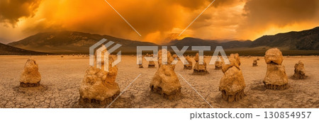 Dramatic Sunset Over Desert Stone Formations Scenic Landscape Golden Hour Photography sky dry arid 130854957