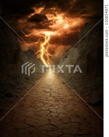Dramatic Lightning Storm Over Cracked Desert Path Mountainous Landscape sky art dark road view wild 130854971