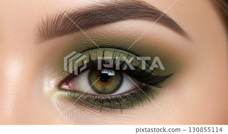A high-detail, professional close-up photograph of a female eye with perfectly blended olive green eyeshadow 130855114