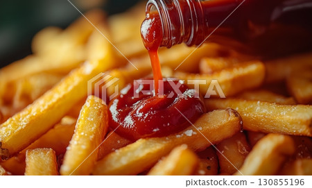 Crispy golden French fries with rich red ketchup drizzles from a glass bottle.  130855196