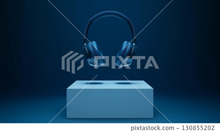 Headphones floating above a square podium on dark blue studio background. Headphones floating above a square podium on dark blue studio background. 130855202
