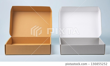 A half-opened paper box an on a Grey background. 130855252