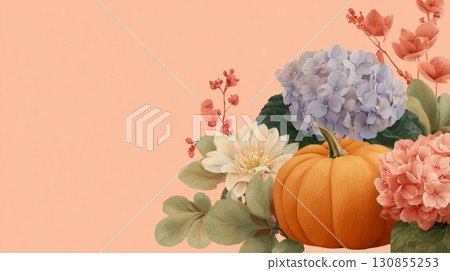 A warm background, with an orange pumpkin surrounded by watercolor flowers and leaves. 130855253