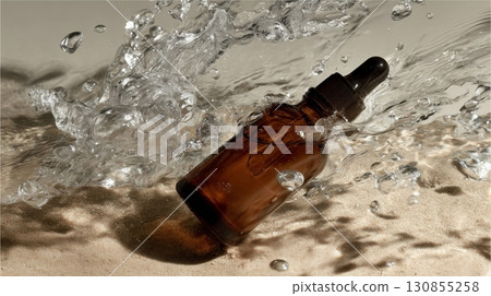 A product photo of an amber glass dropper bottle, plunges into clear water.  130855258