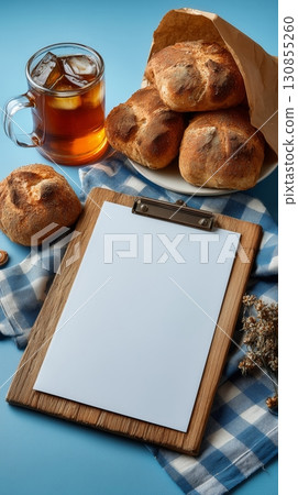 A big blank white A4 paper restaurant lunch menu mock-up surrounded by freshly baked bread. A big blank white A4 paper restaurant lunch menu mock-up surrounded by freshly baked bread. 130855260