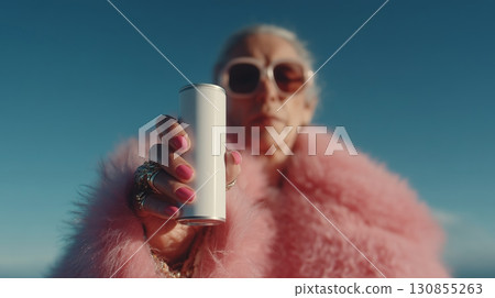 A cool grandma holding a tall soda can up to the camera.  130855263