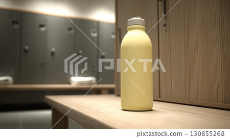 A modern gym locker room with a pastel yellow water bottle is placed neatly on the bench.  130855268