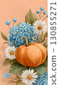A warm background, with an orange pumpkin surrounded by watercolor flowers and leaves. 130855271