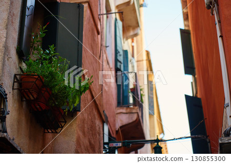 Flower pots on window of old Venetian building 130855300