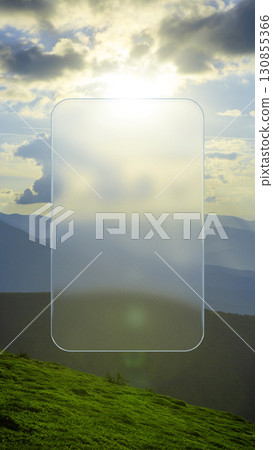 Collage template. Vertical glass panel glowing under sunlight with mountain horizon and bright sky Collage template. Vertical glass panel glowing under sunlight with mountain horizon and bright sky 130855366