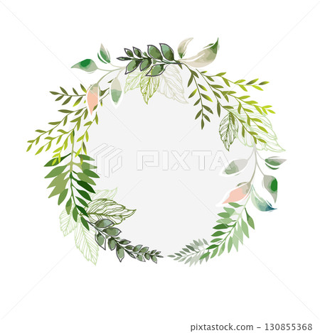 Round frame watercolor with green leaves . hand drawn. Not AI, Vector illustration Round frame watercolor with green leaves . hand drawn. Not AI, Vector illustration 130855368