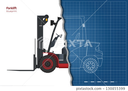 Red forklift drawing. Outline cargo loader. Side, front and top view of industrial machine. 3D model of warehouse transport. Logistic vehicle blueprint 130855399