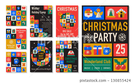 Christmas and New Year Poster Set. Geometric Mosaic Holiday Flyers and Banners in a vector illustration Christmas and New Year Poster Set. Geometric Mosaic Holiday Flyers and Banners in a vector illustration 130855424