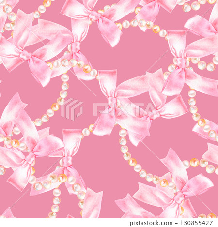 Seamless watercolor pattern with hand drawn pink bow and string of pearls. 130855427