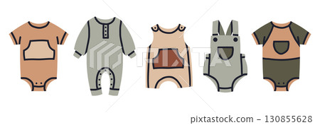 Little girl and boy clothes. Baby clothing, casual children bodysuits and overalls flat vector illustration set. Childish clothes on white Little girl and boy clothes. Baby clothing, casual children bodysuits and overalls flat vector illustration set. Childish clothes on white 130855628