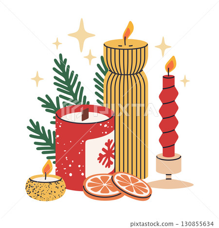 Xmas wax candles. Cartoon Christmas scented candles, festive aroma wax candles for holiday home decor flat vector illustration. Cozy winter holidays aromatic candles 130855634