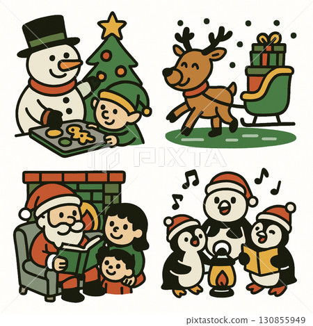 Snowman child Christmas tree reindeer sleigh Santa penguin singing joyful holiday Snowman child Christmas tree reindeer sleigh Santa penguin singing joyful holiday 130855949