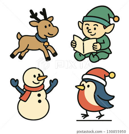 Christmas reindeer, elf reading, snowman, and bird in Santa hat cartoon illustration 130855950