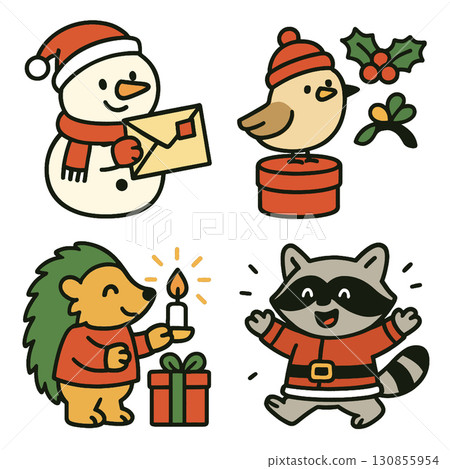 Snowman with letter, bird on box, holly, hedgehog with candle, raccoon in costume, festive mood 130855954