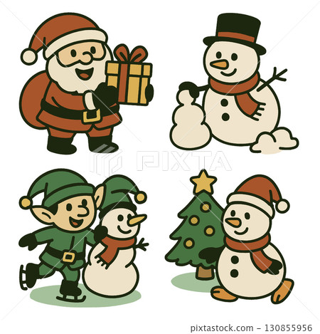 Santa Claus, snowman, elf, Christmas tree, and gift in cheerful winter holiday cartoon style 130855956