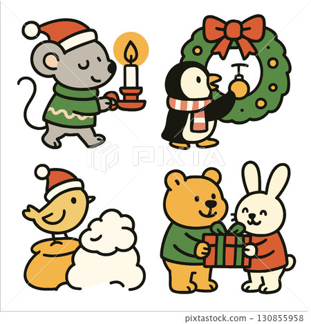 Christmas animal cartoon, mouse candle, penguin wreath, bird hat, bear rabbit gift 130855958