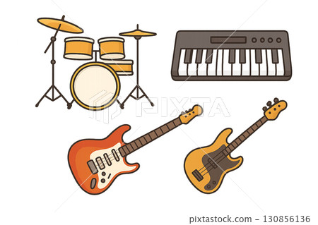 Musical instrument illustration set (drums, keyboard, guitar, bass) 130856136