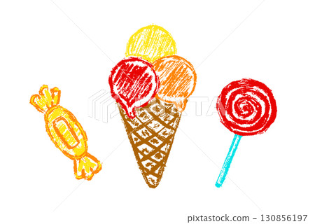 Chalk drawing of sweets including candy, ice cream and lollipop. Hand drawn crayon scribble style illustration with bright and playful mood. 130856197
