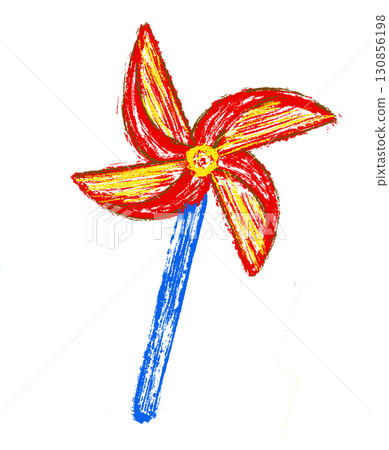 Chalk drawing of a playful pinwheel toy. Hand drawn crayon scribble style illustration with cheerful and childlike mood. Chalk drawing of a playful pinwheel toy. Hand drawn crayon scribble style illustration with cheerful and childlike mood. 130856198
