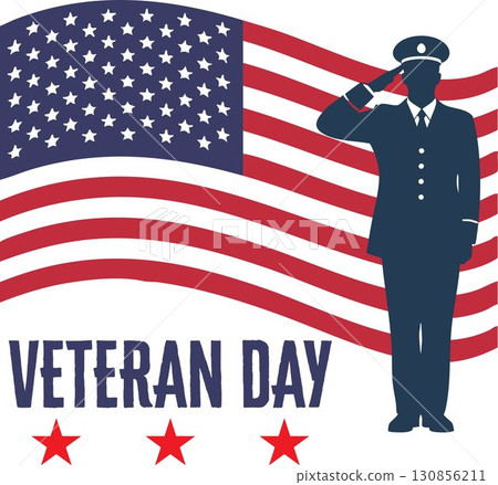 Veteran Day graphic showing a saluting soldier silhouette and the US flag. Great for holidays, remembrance, and patriotism. Veteran Day graphic showing a saluting soldier silhouette and the US flag. Great for holidays, remembrance, and patriotism. 130856211