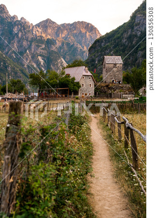 Rural Landscape with Reconciliation Tower in Theth Village 130856308