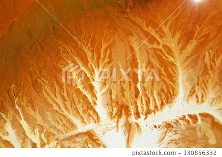 Patterns of acid mine drainage in decanting lake, nature pollution, aerial view 130856332