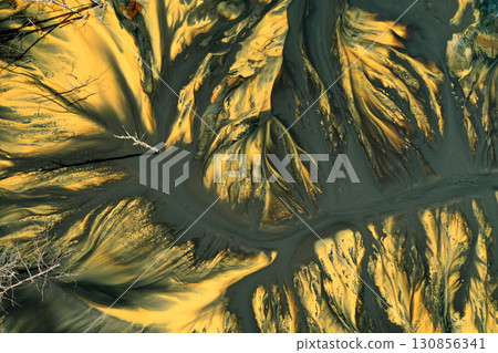 Patterns of acid mine drainage in decanting lake, nature pollution, aerial view 130856341