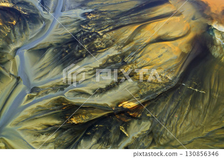 Patterns of acid mine drainage in decanting lake, nature pollution, aerial view 130856346
