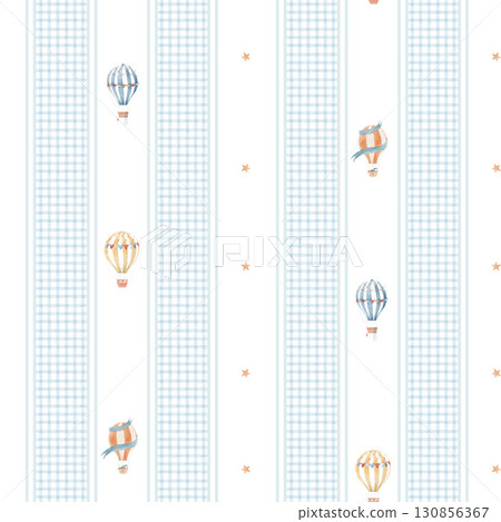 Seamless watercolor pattern with hot air balloons, blue stripes and stars. Perfect for nursery wallpaper, kids room decor, fabric and wrapping paper. Seamless watercolor pattern with hot air balloons, blue stripes and stars. Perfect for nursery wallpaper, kids room decor, fabric and wrapping paper. 130856367