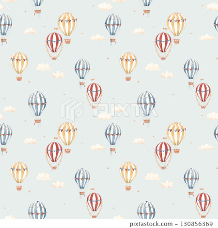 Cute watercolor seamless pattern with striped hot air balloons and soft clouds. Perfect for nursery wallpaper, kids room decor, textile design. 130856369