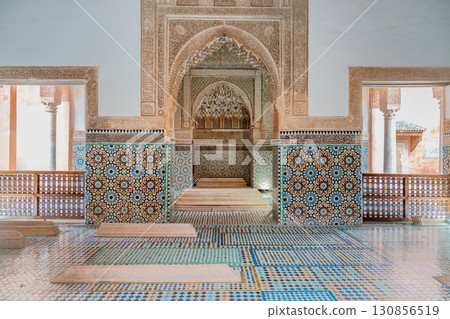 Saadian Tombs interior showcases intricate tilework and serene resting places in Marrakesh Morocco 130856519
