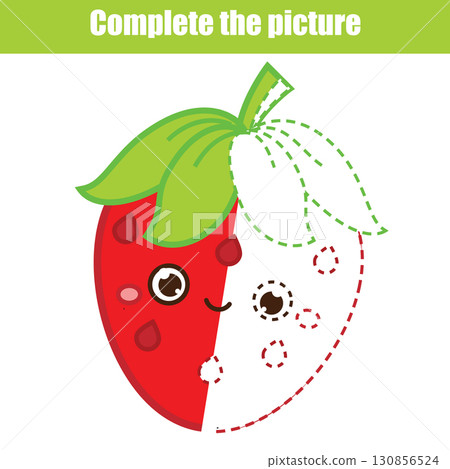 complete picture educational children game. Kids drawing worksheet. Printable activity for toddlers. Draw cute strawberry complete picture educational children game. Kids drawing worksheet. Printable activity for toddlers. Draw cute strawberry 130856524