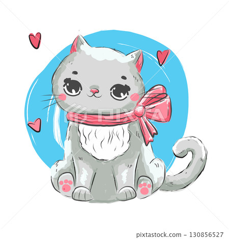Cute kitten. Cartoon cat animal character for kids and children. Lovely baby kitty with bow. Print for cards, apparel and other 130856527