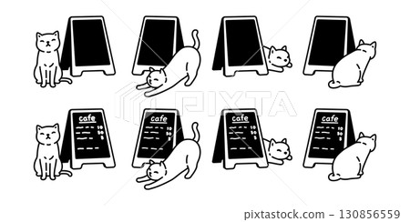 cat vector kitten Sidewalk Sign A-Stand Sign icon cafe coffee shop cartoon character calico pet animal doodle logo illustration symbol design 130856559