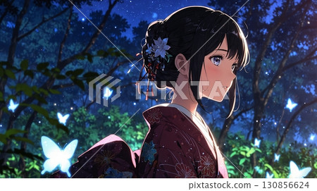 A beautiful girl in a kimono standing with a beautiful landscape behind her 130856624