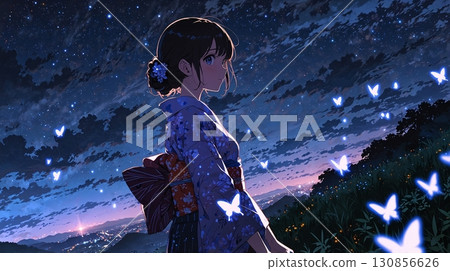 A beautiful girl in a kimono standing with a beautiful landscape behind her 130856626