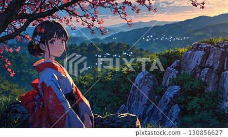 A beautiful girl in a kimono standing with a beautiful landscape behind her 130856627