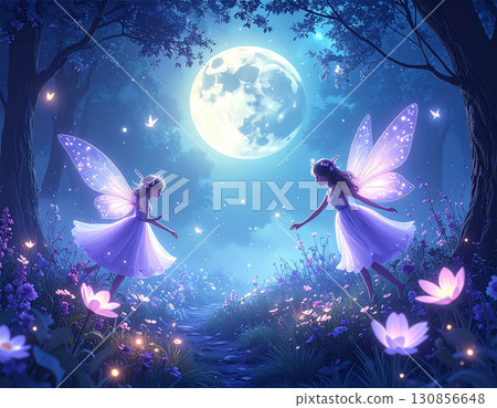 Fantasy illustration of a fairy and butterfly standing on a flower in the moonlight Fantasy illustration of a fairy and butterfly standing on a flower in the moonlight 130856648