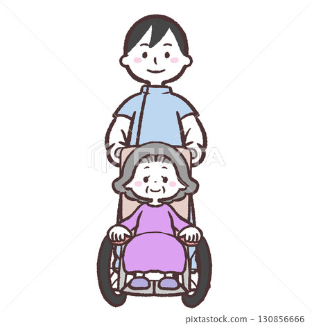 Illustration of a senior woman having her wheelchair pushed by a staff member 130856666