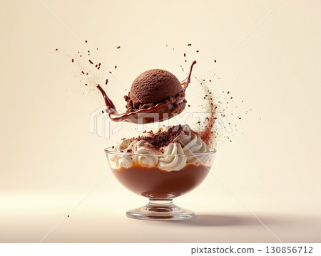 Delicious Chocolate Sundae Dessert with Whipped Cream and Falling Scoop 130856712